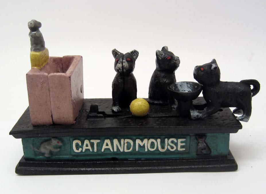 CAST IRON CAT AND MOUSE MECHANICAL BANK