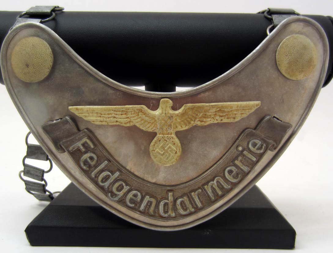GERMAN NAZI FELDGENDARMERIE GORGET W/ CHAIN: maker marked F.L.U.V