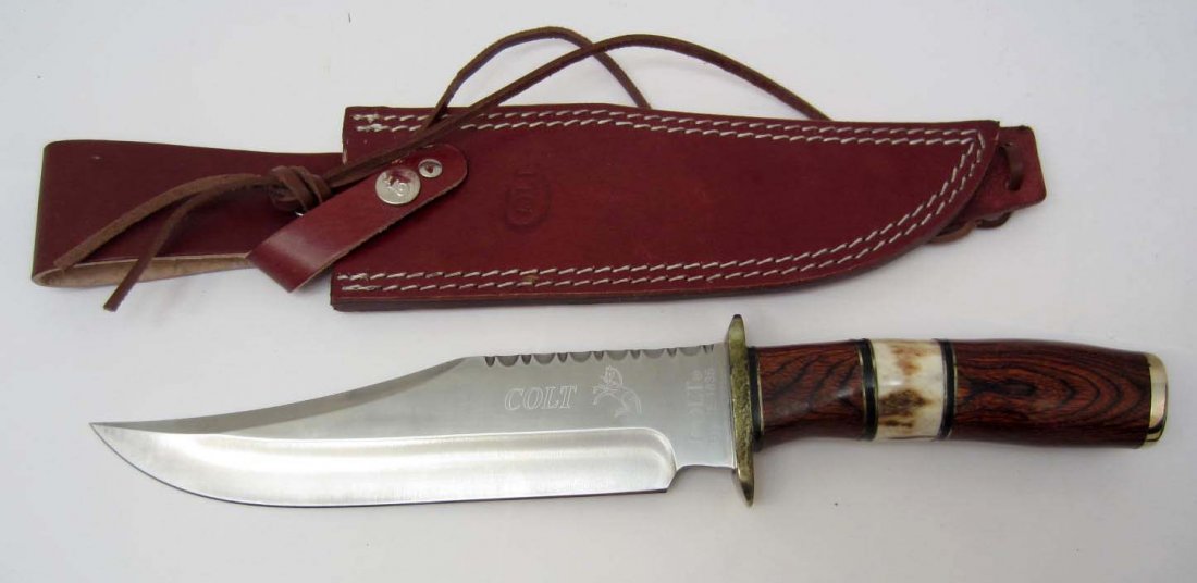 COLT GENTLEMANS BOWIE KNIFE W/ STAG & PAKKAWOOD HANDLE: COLT GENTLEMANS BOWIE KNIFE W/ STAG & PAKKAWOOD HANDLE - W/ SHEATH - Approx. 13.5" long
