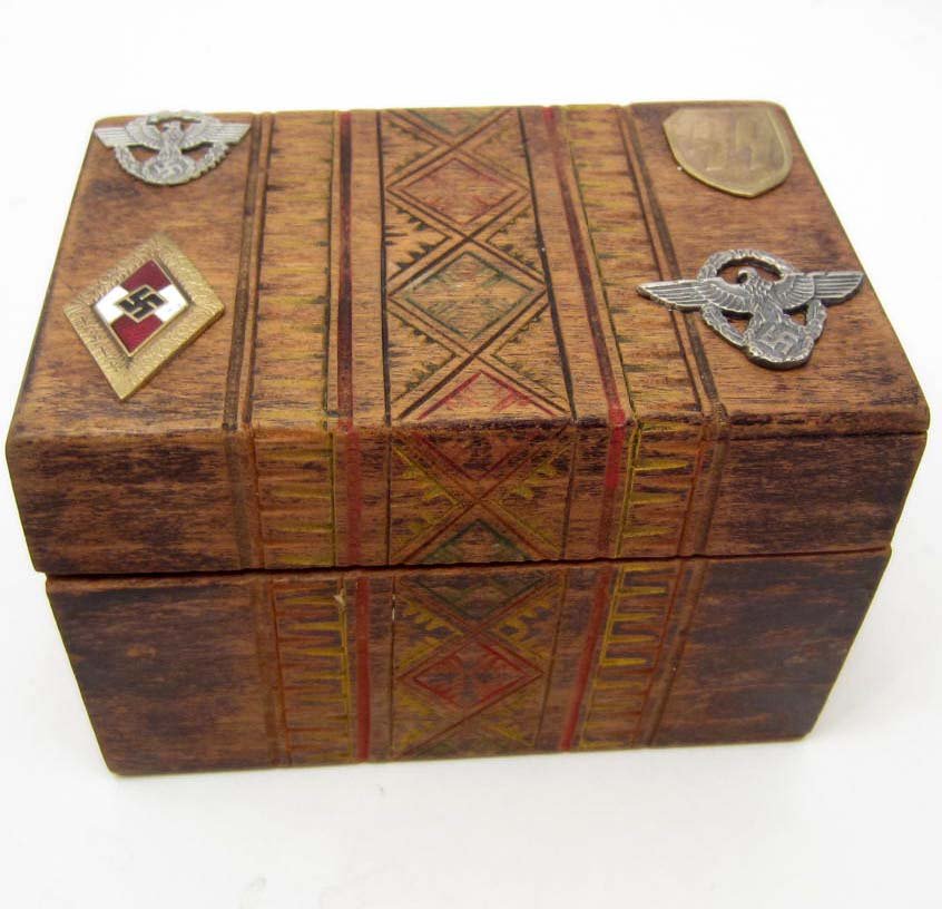 WOODEN CARD BOX W/ APPLIED NAZI PINS: Approx. 4.5" by 3" by 3"