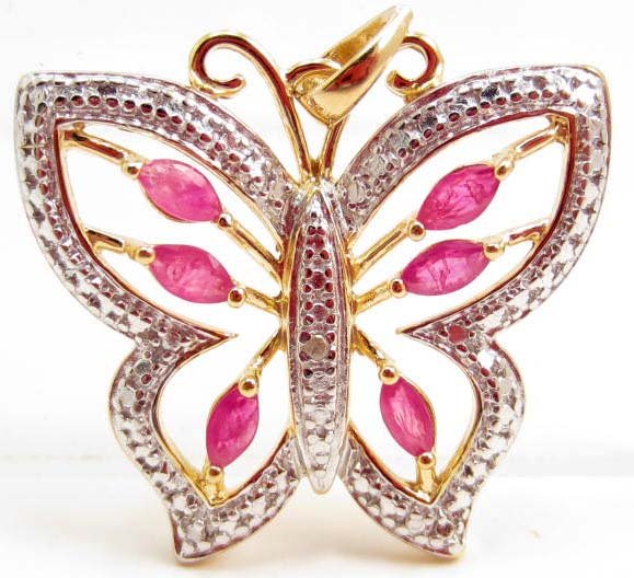 14K GOLD OVER STERLING SILVER RUBY & DIAMOND BUTTERFLY: N/A