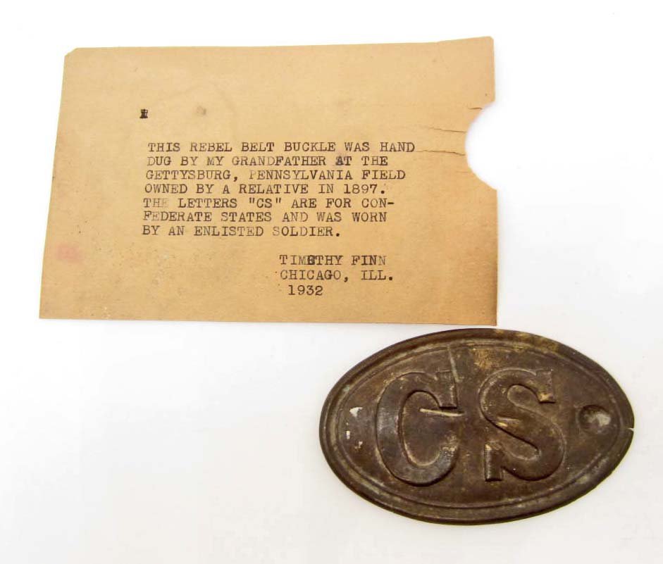CONFEDERATE STATES CIVIL WAR ERA ARMY CS ENLISTED MANS: Approx. 2 1/8" by 3 3/8". Front reads CS. Stamped brass construction w/ a lead filled back. This is accompanied w/ a typed card that reads "The Rebel belt buckle was hand dug by my Grandfather at the 