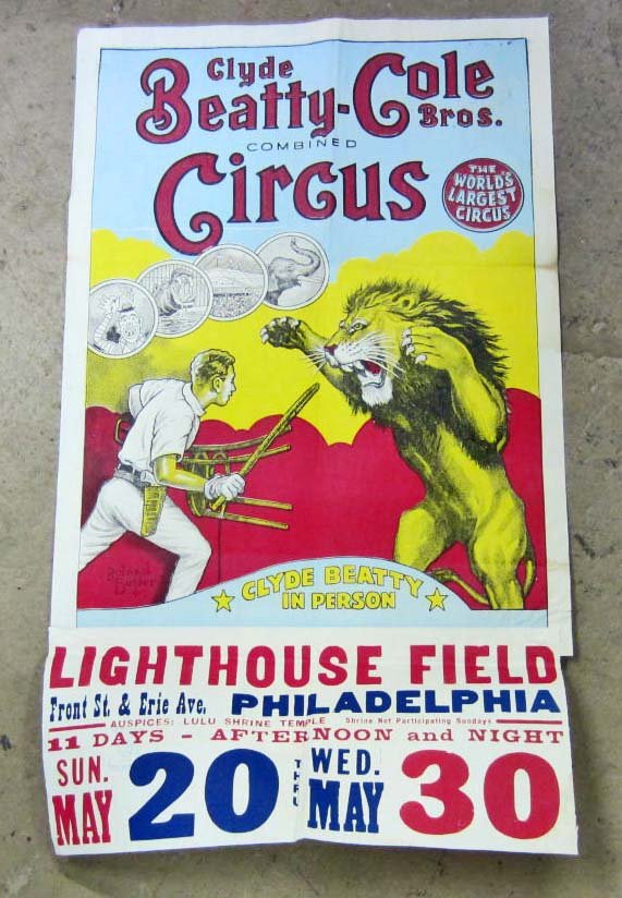 VINTAGE CLYDE BEATTY COLE BROS. CIRCUS POSTER: Approx. 21" by 35"