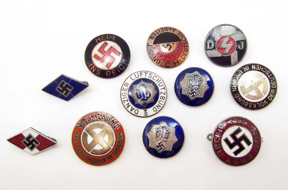 LOT OF 11 GERMAN NAZI ENAMELED PARTY AND ORGANIZATION: Two Hitler Youth HJ diaonds, 2 RLB Civil Defense, Deutches Youth DJ, Deutsche HJ Jungend, Heim Ins Reich, volksbundDer Deutschen, RLB Luftshutz, Nun Ernst Recht, Hungarian Volksbund. most are maker ma