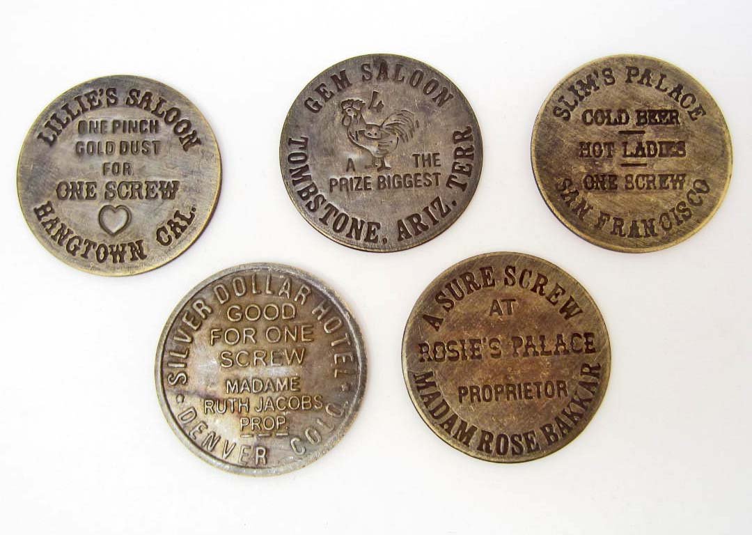 LOT OF 5 BRASS CAT HOUSE / BROTHEL TOKENS: N/A