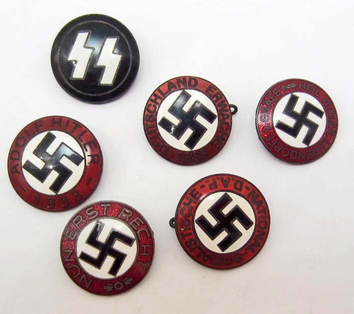 LOT OF 6 GERMAN NAZI MEMBERSHIP PARTY BADGES: all have pinbacks and are RZM maker marked. They are 1" diameter. SS, Adolf Hitler 1933, NSDAP, Heil Hitler Ludensdorff v Grafe, Nun Ernst Reicht. Nickel w/ enamel.