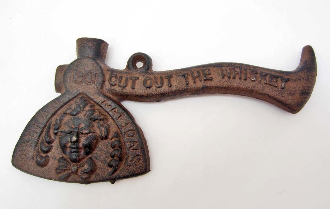 7586 - CAST IRON PROHIBITION STYLE "CUT OUT THE: CAST IRON PROHIBITION STYLE "CUT OUT THE WHISKEY" COLLECTIBLE MINI AXE