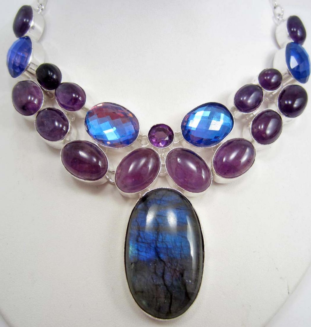 5369 - STERLING SILVER LABRADORITE, MYSTIC TOPAZ &: STERLING SILVER LABRADORITE, MYSTIC TOPAZ & AMETHYST NECKLACE