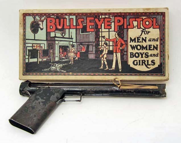 C. 1928 BULLS EYE RUBBER BAND PISTOL TIN TOY W/: C. 1928 BULLS EYE RUBBER BAND PISTOL TIN TOY W/ ORIGINAL BOX