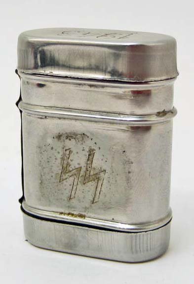 GERMAN NAZI SS METAL CASE POSS. MATCH SAFE OR PILL BOX: Approx. 2.25" tall. Both sides open