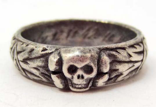 GERMAN NAZI WAFFEN SS SHULTZSTAFFEL TOTENKOPF HONOR: Inside is marked S U H Shult 12.11.42 H Himmler. Shows a skull on the front w/ SS lighting bolts and oak leaves around the outside.