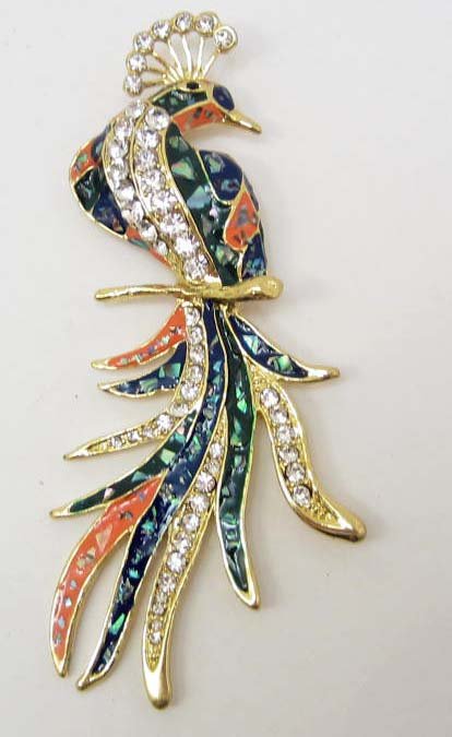 COLORFUL PHOENIX OR BIRD RHINESTONE & ABALONE BROOCH