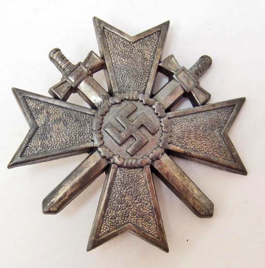 GERMAN NAZI 1ST CLASS WAR SERVICE CROSS W/ SWORDS: Wide vertical pinback. Reverse side is maker marked 1 on the pin. Was for the firm of Deschler & sohn Munchen.