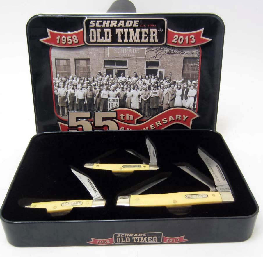 SCHRADE OLD TIMER 55TH ANNIVERSARY KNIFE SET: Three Schrade Old Timer Pocket knives in a collectible tin. Longest knife is approx. 4" closed.