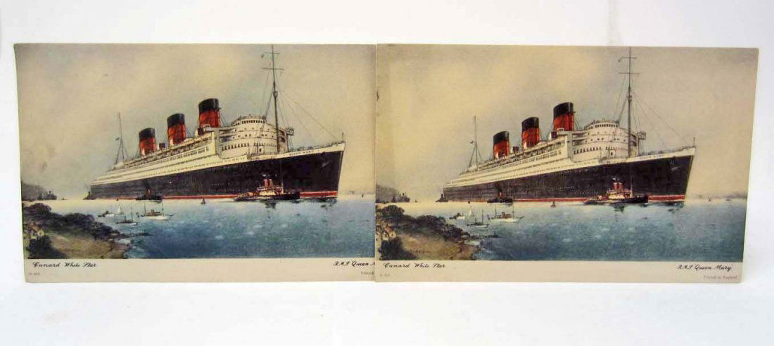 LOT OF 2 1949 WHITE STAR LINE RMS QUEEN MARY LOGS: On postcard size paper w/ amazing picture of the Queen Mary on one side and the Abstract of Log of the Cunnard White Star R.M.S. Queen Mary on the other side.