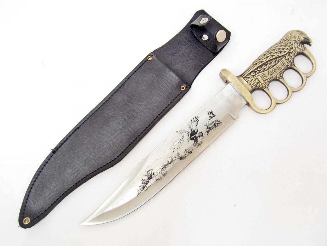 EAGLE BRASS KNUCKLE BOWIE KNIFE W/ SHEATH: Approx. 15" long overall