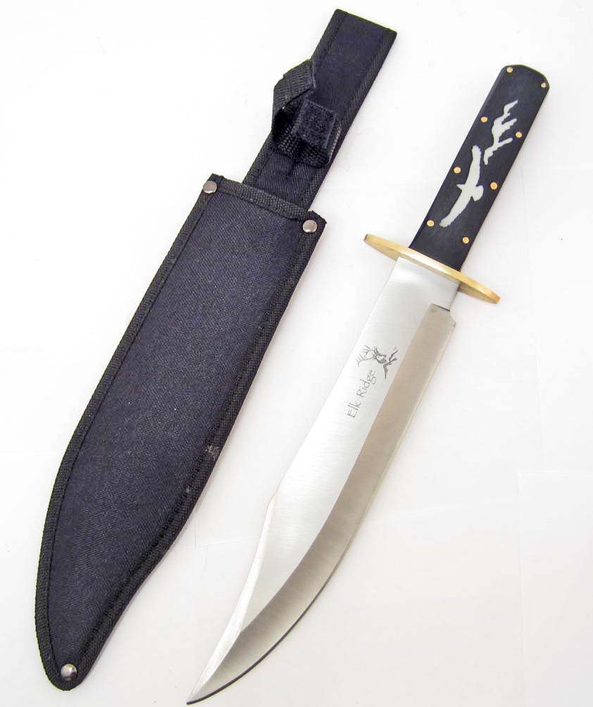 ELK RIDGE BOWIE KNIFE W/ EAGLE ART INSERT AND SHEATH: Approx. 16" long overall