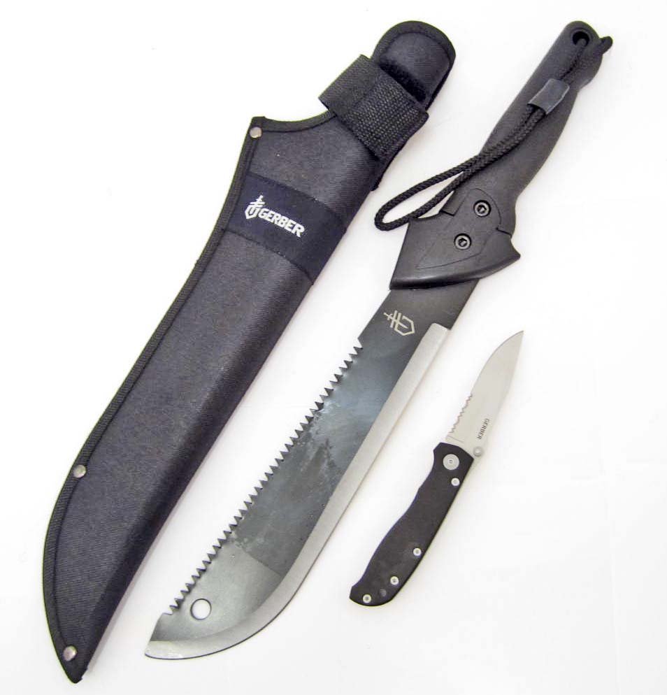 GERBER GATOR MACHETE AND AIR RANGER KNIFE COMBO: Machete approx. 19" long and Air Ranger knife approx. 8" long when opened.