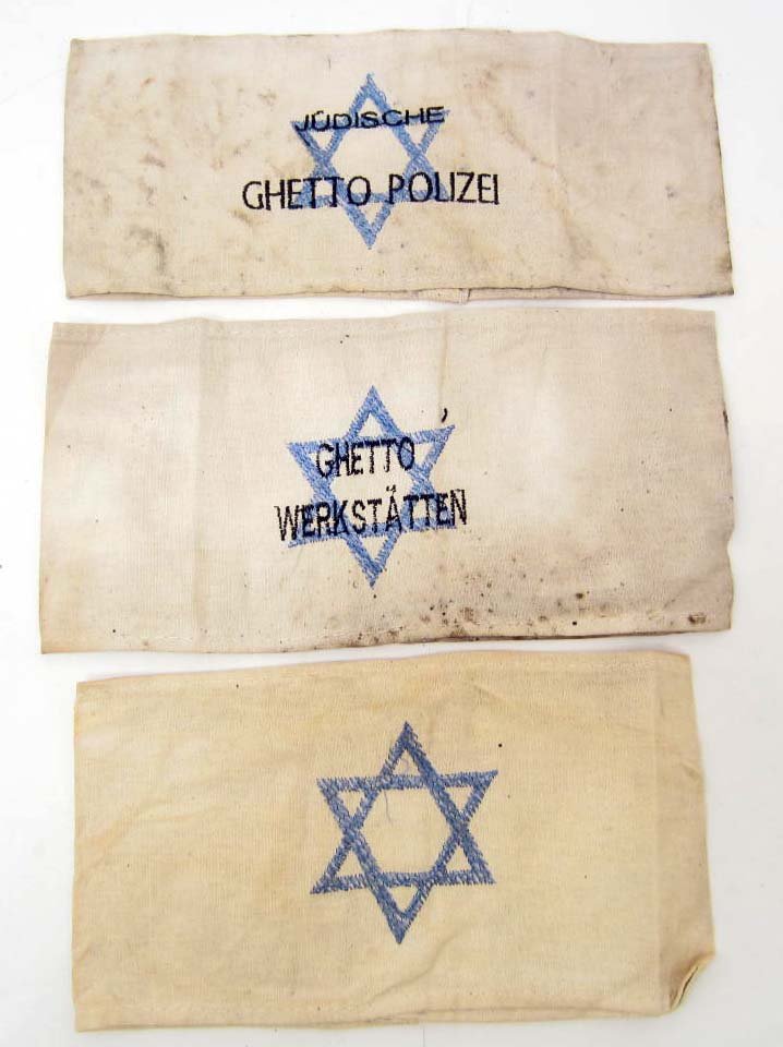 LOT OF 3 GERMAN NAZI HOLOCAUST ARM BANDS: Jew, Jewish Ghetto Police and Ghetto Workshop
