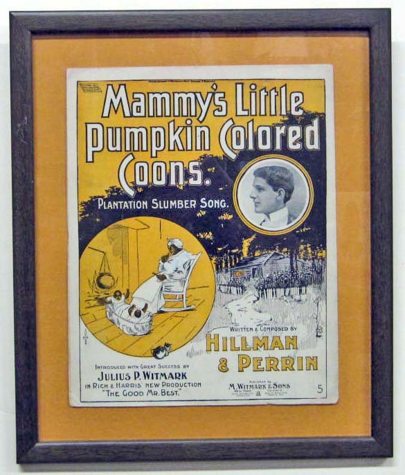 ANTIQUE BLACK AMERICANA LARGE SIZE SHEET MUSIC - FRAMED: Mammy's Little Pumpkin Colored Coons". Approx. 15.5" x 18.5