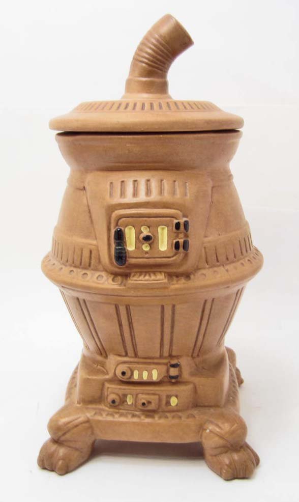 COOKIE JAR - POT BELLY STOVE - COOK STOVE: Unmarked cookie jar of a pot belly stove. Measures approximately 13" tall.