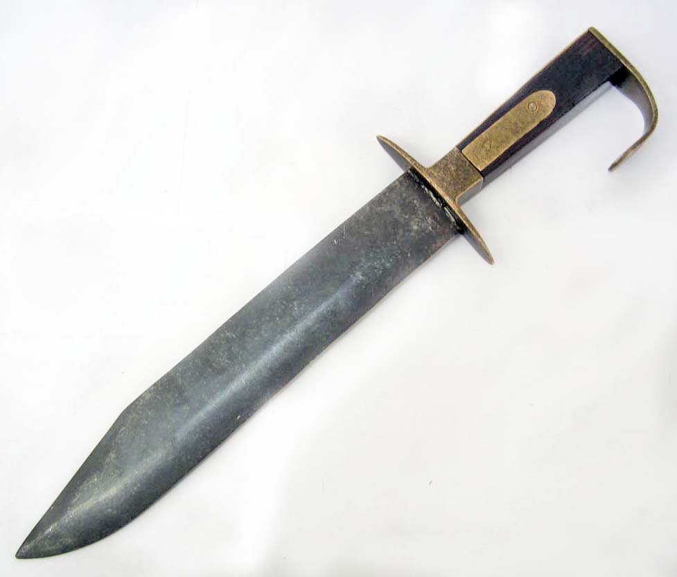 US CIVIL WAR UNION ARMY A G HICKS RIFLEMAN BOWIE KNIFE: Approx. 14 7/8" long overall. Steel blade is approx. 1 5/8" wide by 10 1/16" long. The top hook portion of the brass hadle is maker marked A G Hicks Maker Clev'd O. The handle is rosewood and brass co
