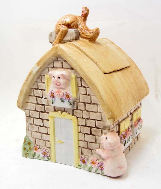 COOKIE JAR - FAIRY TALE COOKIE JAR - 3 LITTLE PIGS: A fantastic vintage fairy tale cooke jar. It features the three little pigs and the big bad wolf in the chimney. Made by The Home Collection. Measures approximately 10" tall. Comes in the original box