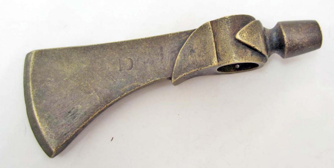 NATIVE AMERICAN INDIAN TOMAHAWK PEACE PIPE AXE HEAD: Combat Axe Head. Approx. 2 1/4" by 6 1/16". Solid brass construction.