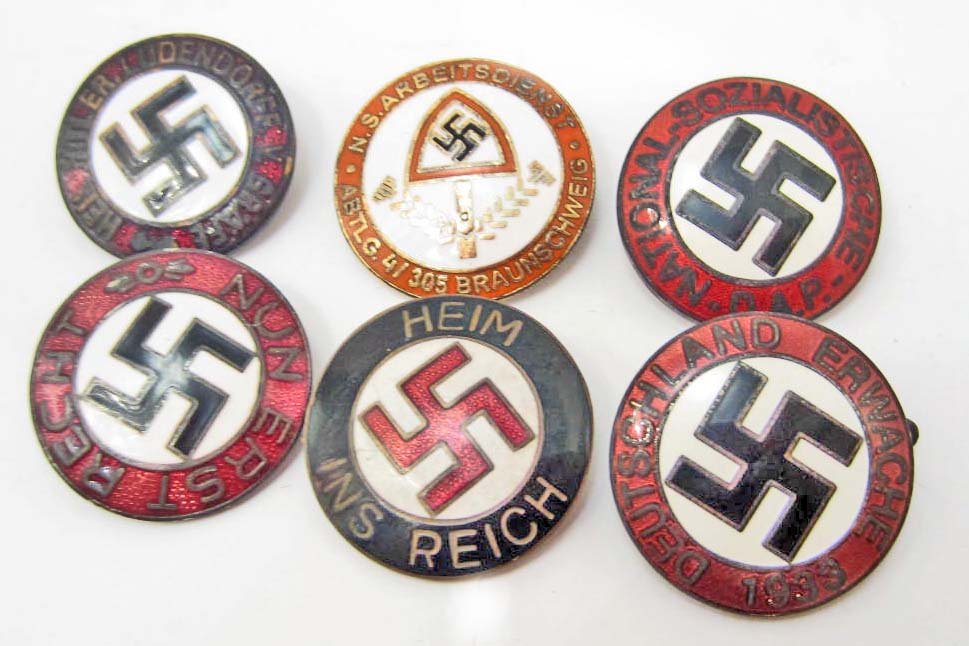 LOT OF 7 GERMAN NAZI ENAMELED PARTY BADGES: Waffen SS, Heil Hitler Ludendorff V Grafe, Deutschland Erwache 1933, RAD Labor, National Sozialistische DAP, Nun Erst Recht, Heim Ins Reich. most mare maker makred and have a pin on the back Nickel an