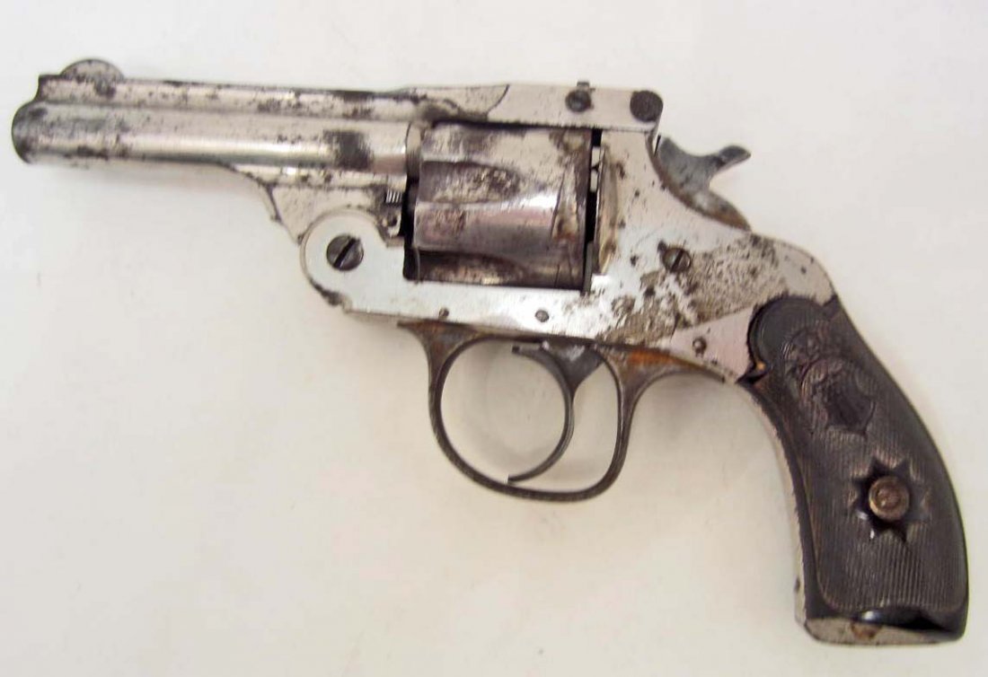 OLD WEST FOREHAND ARMS COMPANY COWBOY ERA PISTOL: Top of the barrel is marked Forehand Arms Co worcester Mass USA Pat Dec Aug & Jan 11 87. The serial number is 281XXX. Nickel palted steel construction. Needs some internal work. This is a 6 shot revol