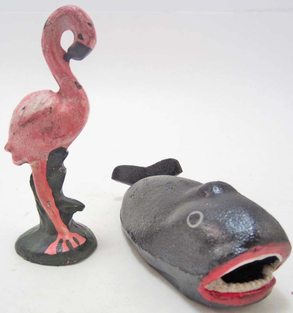 LOT OF 2 CAST IRON FIGURAL BOTTLE OPENERS: Flamingo and Whale. Both approx. 5" tall