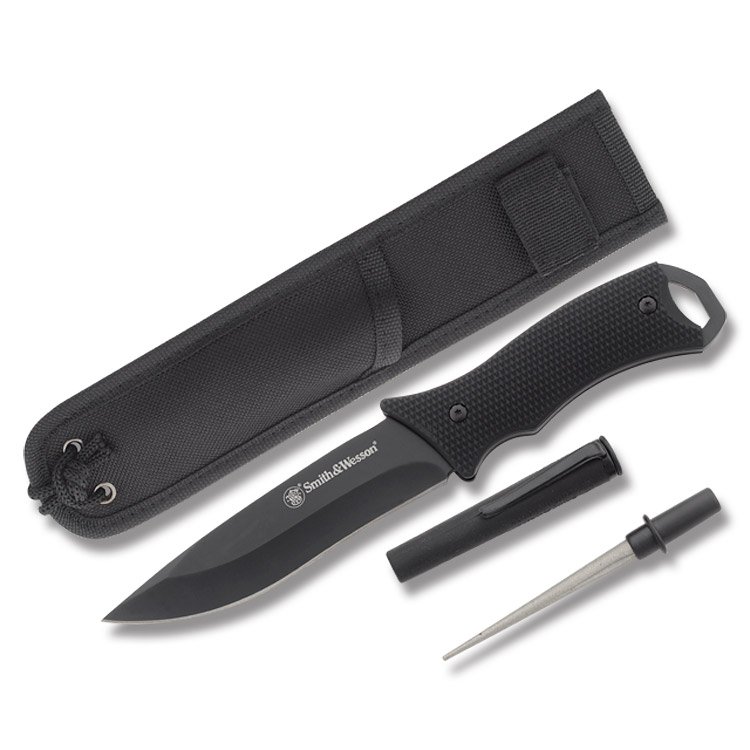 SMITH & WESSON TACTICAL FIXED BLADE KNIFE & SHARPENER: Tactical Fixed Blade Knife and Diamond Sharpening Rod combo with Sheath. Approx. 10.25" long overall.