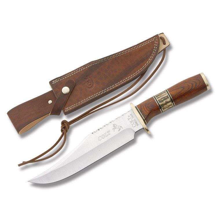 COLT GENTLEMAN'S BOWIE KNIFE W/ PAKKAWOOD & STAG HANDLE: Comes w/ leather belt sheath. Approx. 13 3/8" long overall.