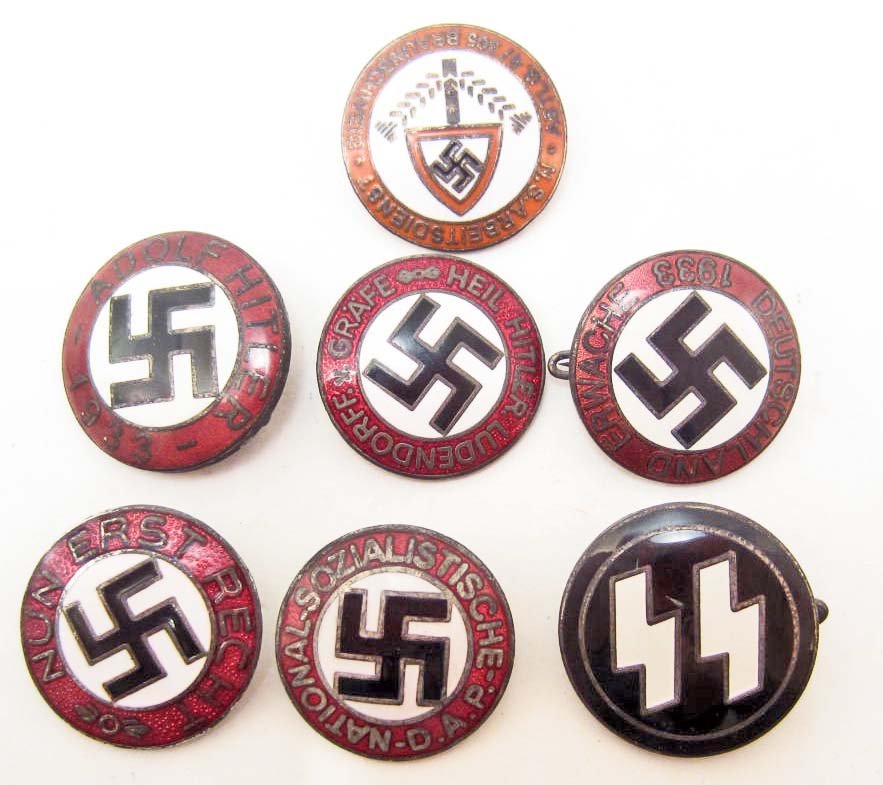 LOT OF 7 GERMAN NAZI ENAMELED PARTY BADGES: All have pinback and are maker marked. RAD, SS NSDAP, Adolf Hitler 1933, Deutschland Erwache 1933, Nun erst Recht, Heil Hitler Ludensdorff v Grafe. Nickel and enamel.