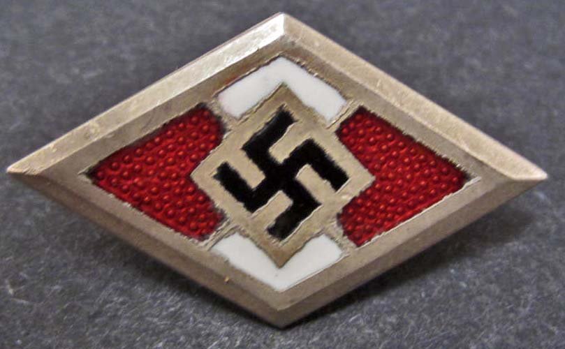GERMAN NAZI SILVER HITLER YOUTH HJ HONOR BADGE: Has a thin vertical pinback. Approx. 11/16" by 1 3/16". maker marked A RZM M1/52. Nickel construction w/ enamel.