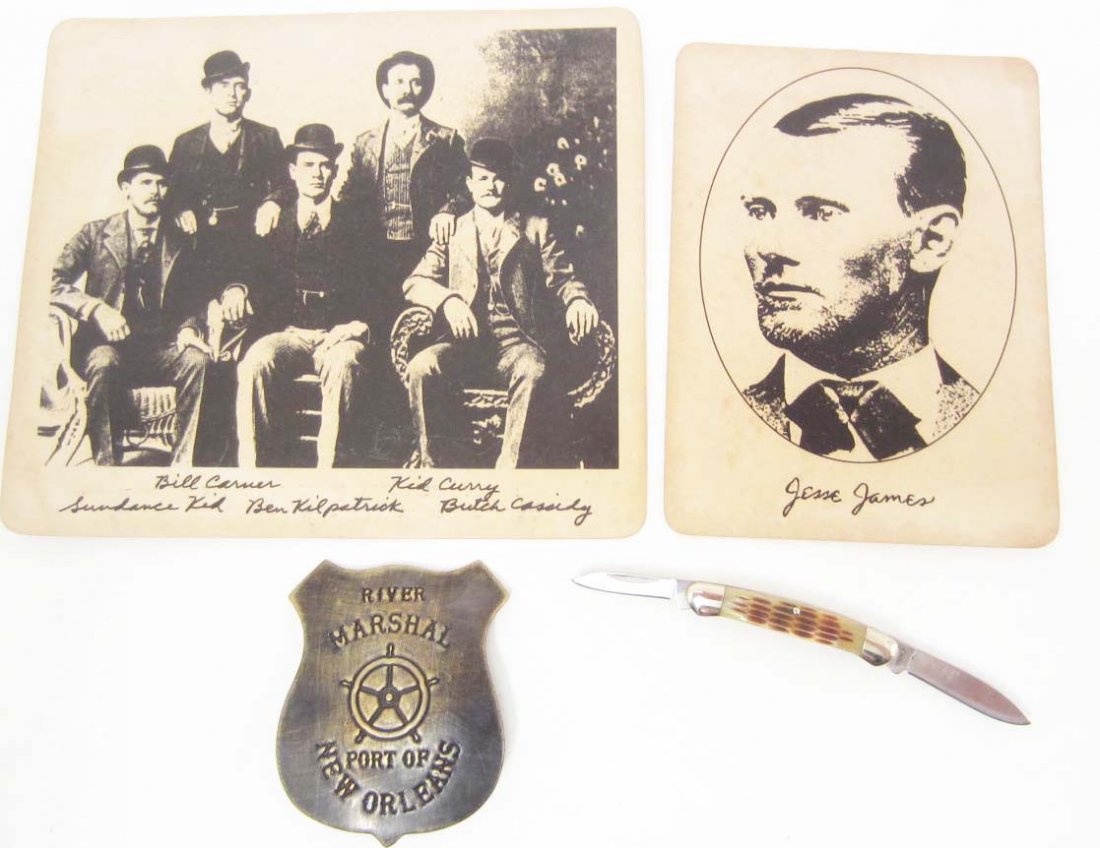 LOT OF MISC. WESTERN COLLECTIBLES, PHOTO PRINTS, KNIFE: Bill Carver, Kid Curry, Sundance Kid, Ben Kilpatrick, Butch Cassidy, Jesse James, Rough Rider Miniature canoe folding knife, River Marshal Port of New Orleans collectible badge