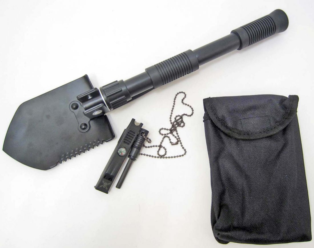 LOT OF MISC. SURVIVAL SHOVEL & WHISTLE/COMPASS/ FIRE: M48 whistle / compass / fire striker pendant, Folding survival shovel with case, perfect for backpacks or emergency kits