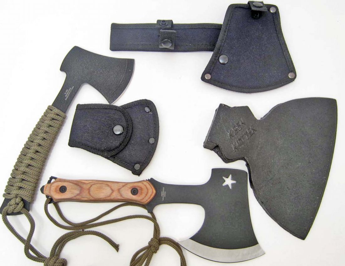 LOT OF MISC. CAST IRON AXE, TOMAHAWK & COMPACT PACK AXE: Tomahawk compact full tang axe for camping & hiking, Timber Wolf compact pack axe includes sheath, Cast iron display axe "Keen Kutter"