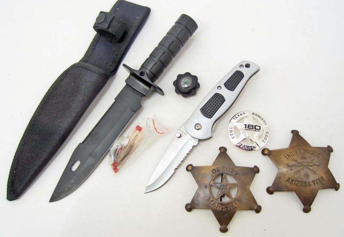 LOT OF MISC. WESTERN COLLECTIBLE BADGES & KNIVES: New Ridge Runner tactical folding pocket hunting knife, Military Survival knife, Texas Rangers 180th anniversary law badge, Indian Police Arizona territory, Deputy U.S. Marshal