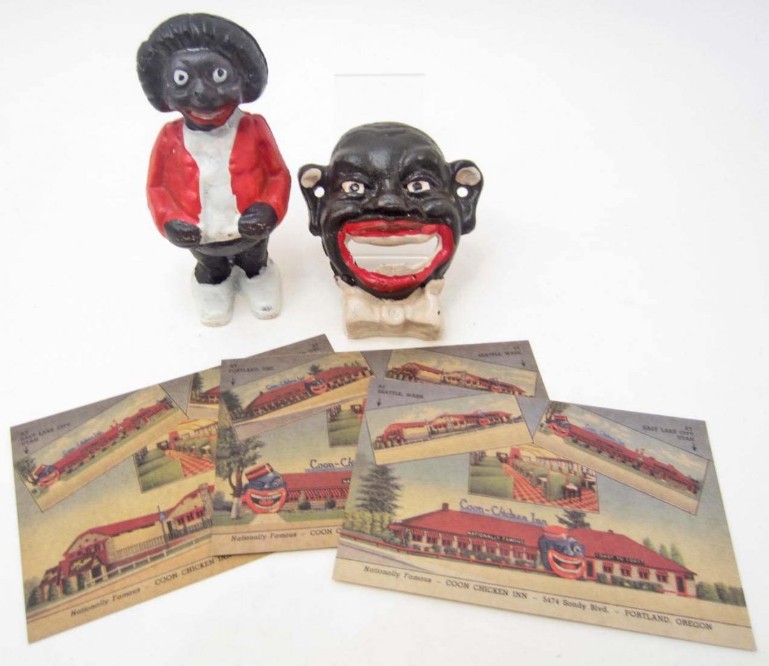 LOT OF MISC. BLACK AMERICANA CAST IRON COON CHICKEN INN: Black Americana coin ban, Black Americana wall mount bottle opener 3, Coon Chicken Inn vintage style postcards Seattle, WA, Portland, OR, & Salt Lake City, UT).