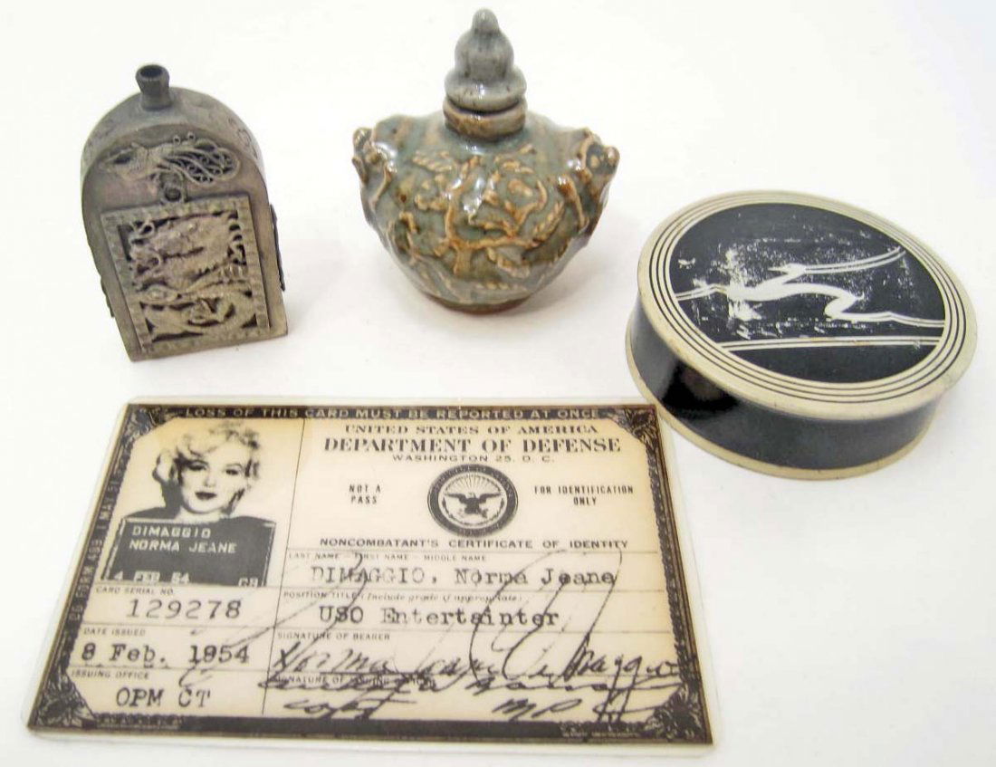 LOT OF MISC. SNUFF BOTTLES, ART DECO, MARILYN MONROE ID: Green snuff bottle, Vintage snuff bottle , Marilyn Monroe / Norma Jeane Dimaggio vintage style ID card, Art Deco cannister