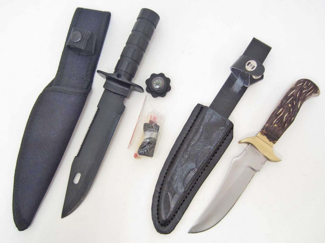 LOT OF MISC. KNIVES - SKINNING KNIFE & SURVIVAL KNIFE: Military survival knife, New stag hunting skinning knife with leather sheath. Drop point with custom imitation stag handle. Includes leather sheath. 10" overall, 4.5" blade.