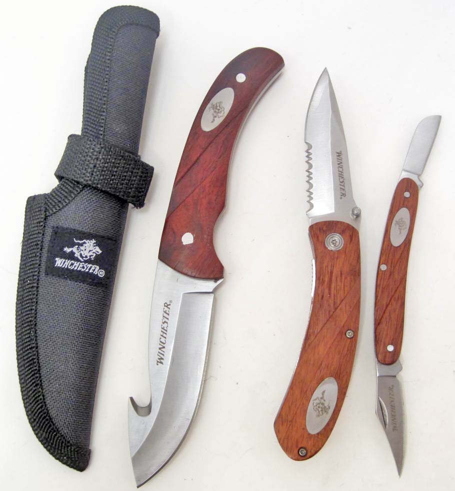 LOT OF 3 WINCHESTER WOOD KNIFE SET: Winchester Set: 3.5" fixed blade gut hook knife, 3" serrated-blade knife with pocket clip, Small Two 2-blade pocket knife