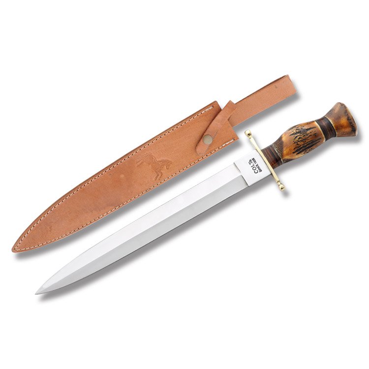 COLT HIGH PLAINS DAGGER W/ STAG & LEATHER HANDLE: Approx. 19 3/8" long overall. Comes w/ sheath