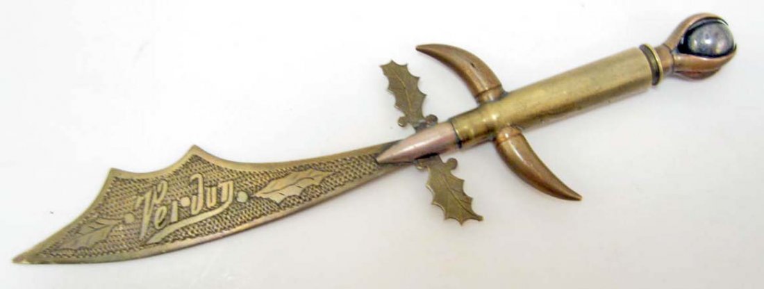 TRENCH ART KNIFE/LETTER OPENER "MEMORY OF VURDON" 1918: Approx. 8" long overall