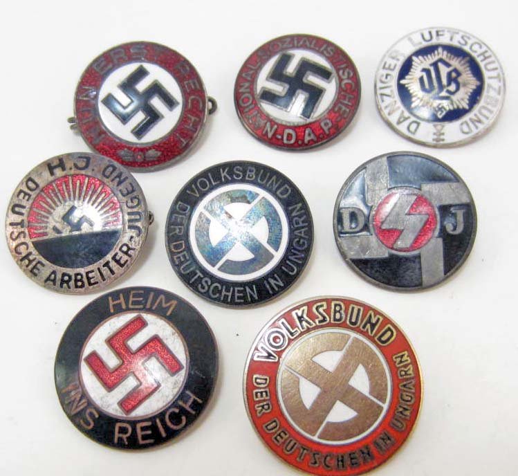 LOT OF 8 GERMAN NAZI ENAMELED PARTY BADGES: Volksbund, HJ Deutsches, Arbeiter Jugend, NSDAP, Danzig Luftshutz RLB, Heim Ins Reich, DJ, Nun Erst Recht, Volksbund Der Deutschen In Ungarn. All have pinbacks. Most are maker marked. Nickel w/ brass