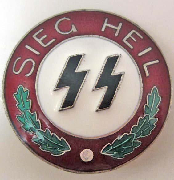 GERMAN NAZI SS SIEG HEIL ENAMELED BADGE: Marked Ges Gesch Deschlersohn. Also marked RZM SS 215/41 on the screw back.