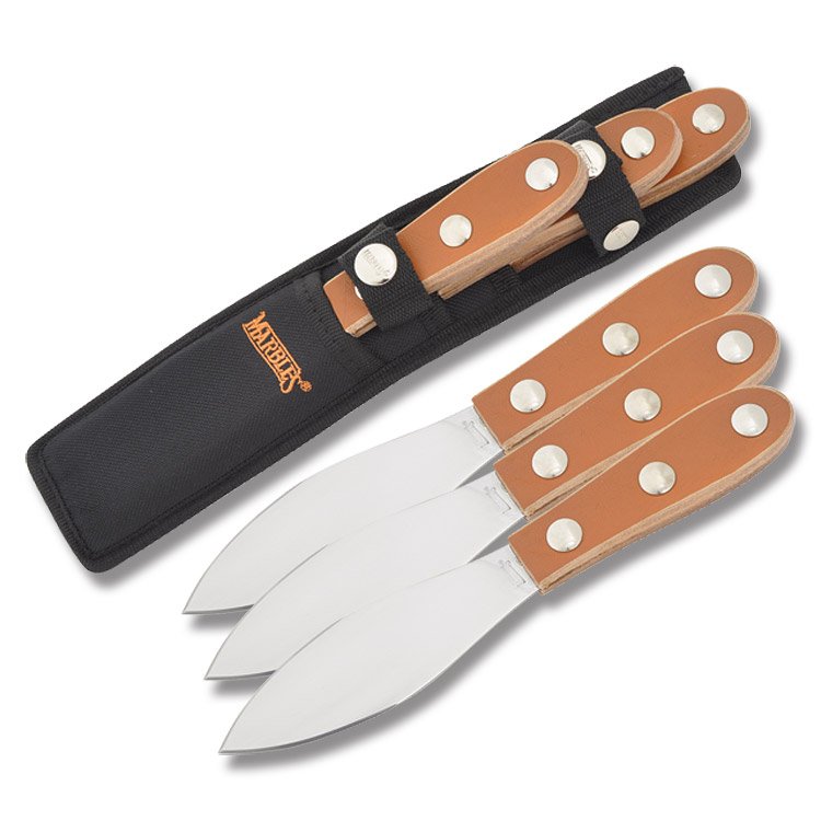 MARBLES 3-PIECE THROWING KNIFE SET W/ LEATHER HANDLES: Approx. 8.5" long overall. Comes w/ sheath.
