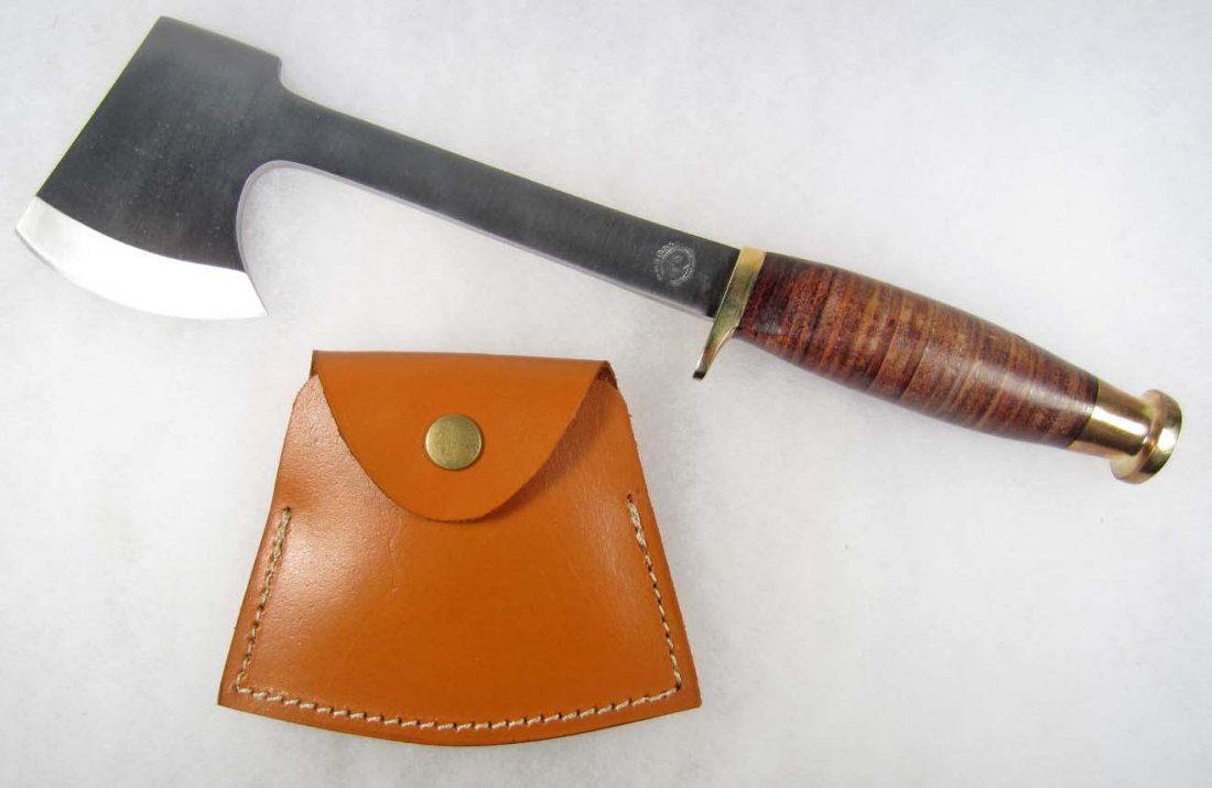 WILD BOAR MILITARY AXE W/ STACKED LEATHER HANDLE: Approx. 12.75" long overall
