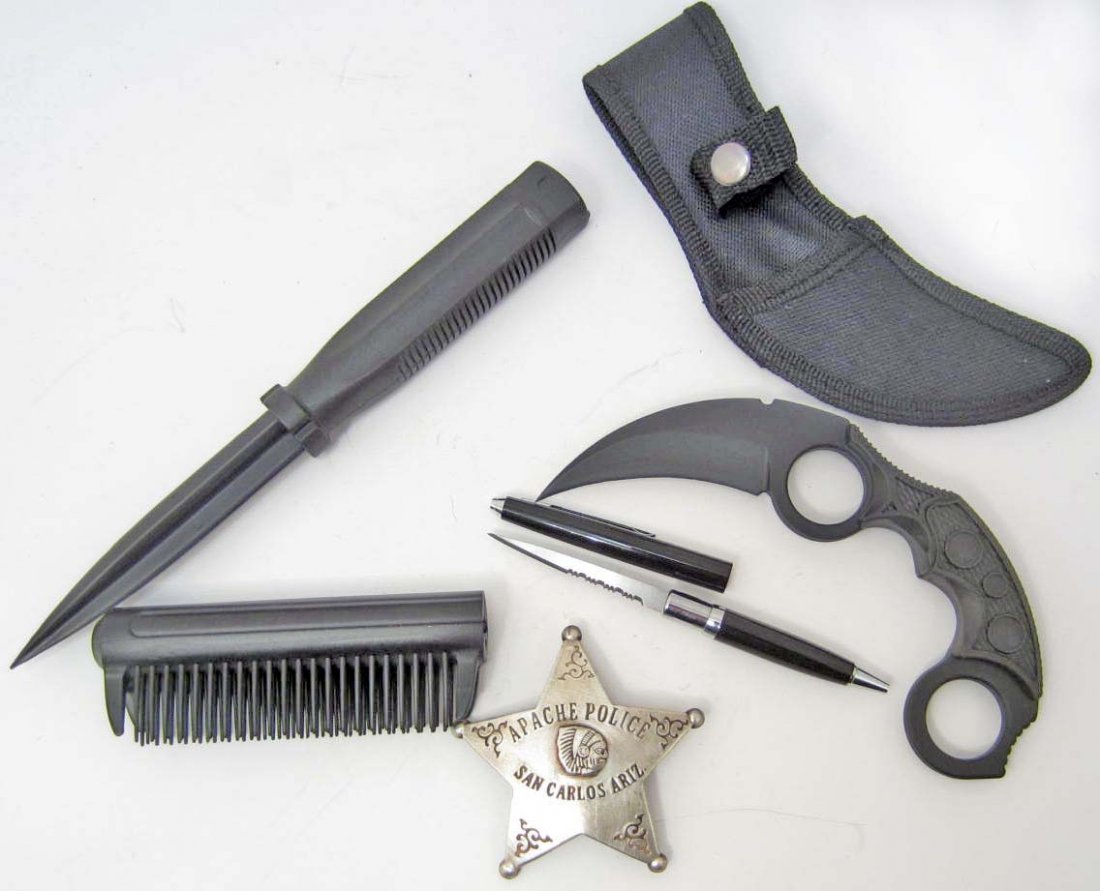 LOT OF MISCELLANEOUS KNIVES & WESTERN APACHE BADGE: Stealth Kerambit Knife with sheath, united cutlery brush defense knife, united cutlery black serrated ink pen knife, and a western police metal badge. This lot cannot be shipped to NY, CA, or MA.
